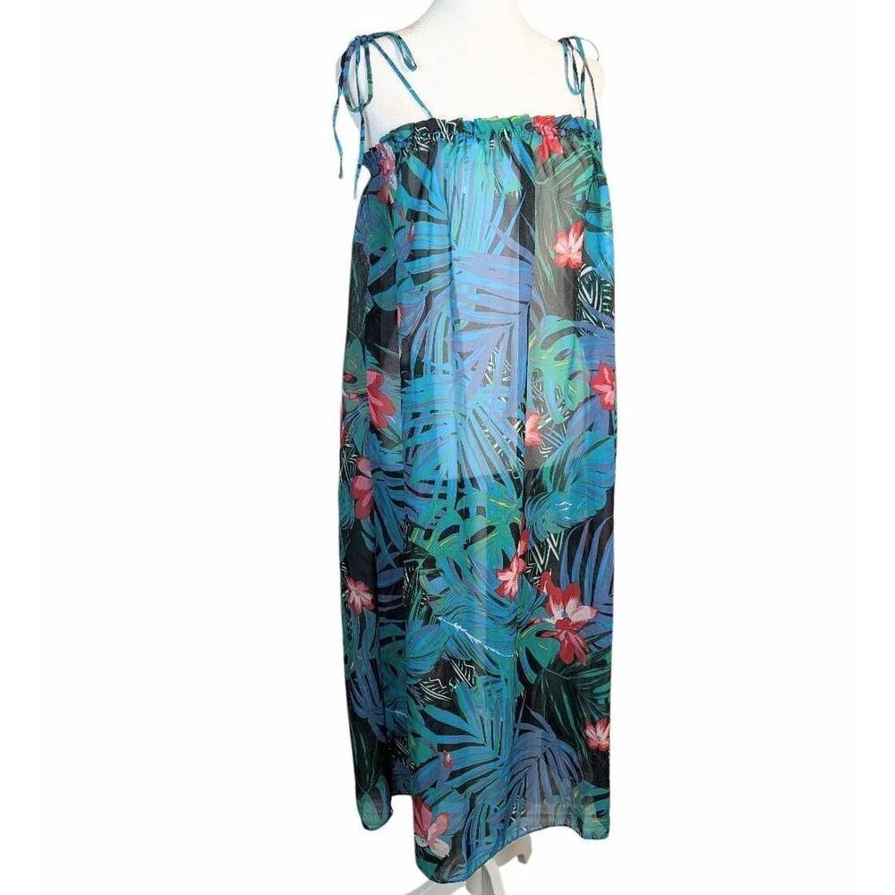 Vero Moda sheer multicolor tropical palm floral tie strap coverup dress womens S